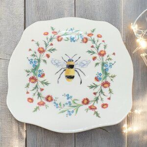 Kellie Montana Ceramic Trinket Dish Plate With Bee Floral Pattern Whimsical Dish
